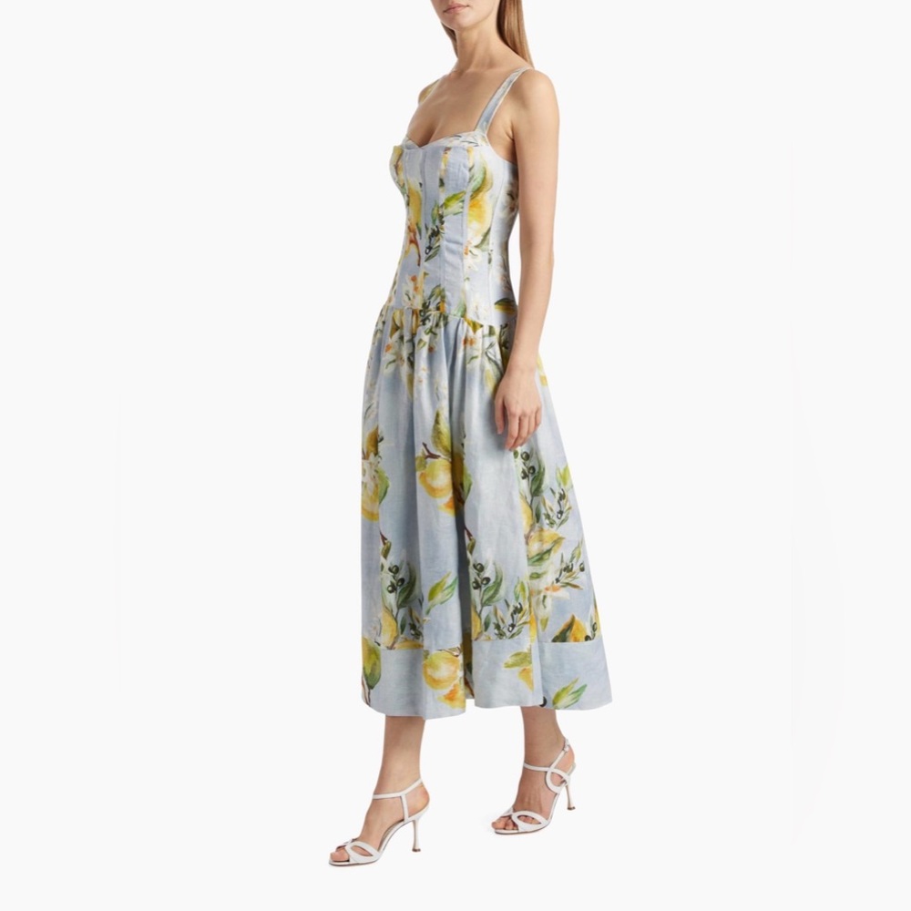 Nicholas - Makenna Floral Linen Drop Waste Midi Dress - Aniss Sky Lemon - Picture 2 of 6